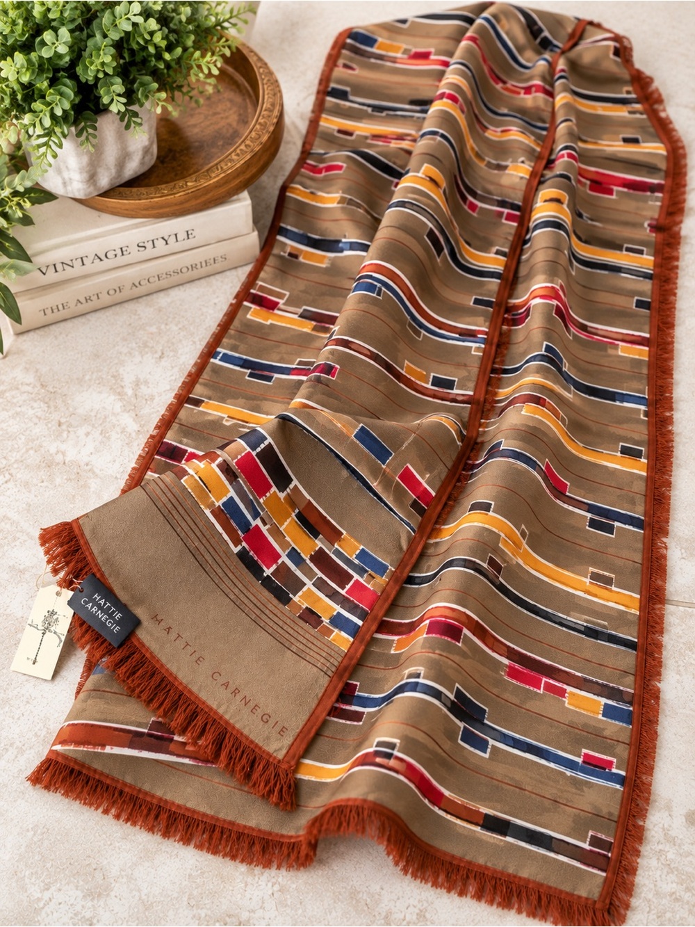 Vintage Hattie Carnegie 100% Silk Scarf Made in Japan Geometric Mod Stripe Fring